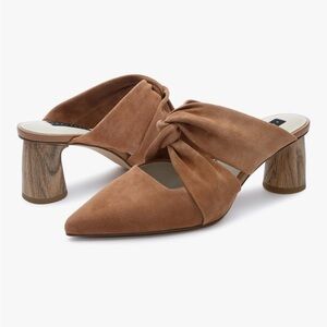 Sanctuary Sunset 2.0 Tan Brown Suede Bow Mule Heels 8.5 NIB Woodgrain Heel Lion